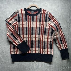 The Limited XL Plaid Crewneck Sweater Black Red Cream Cotton Blend Knit Pullover